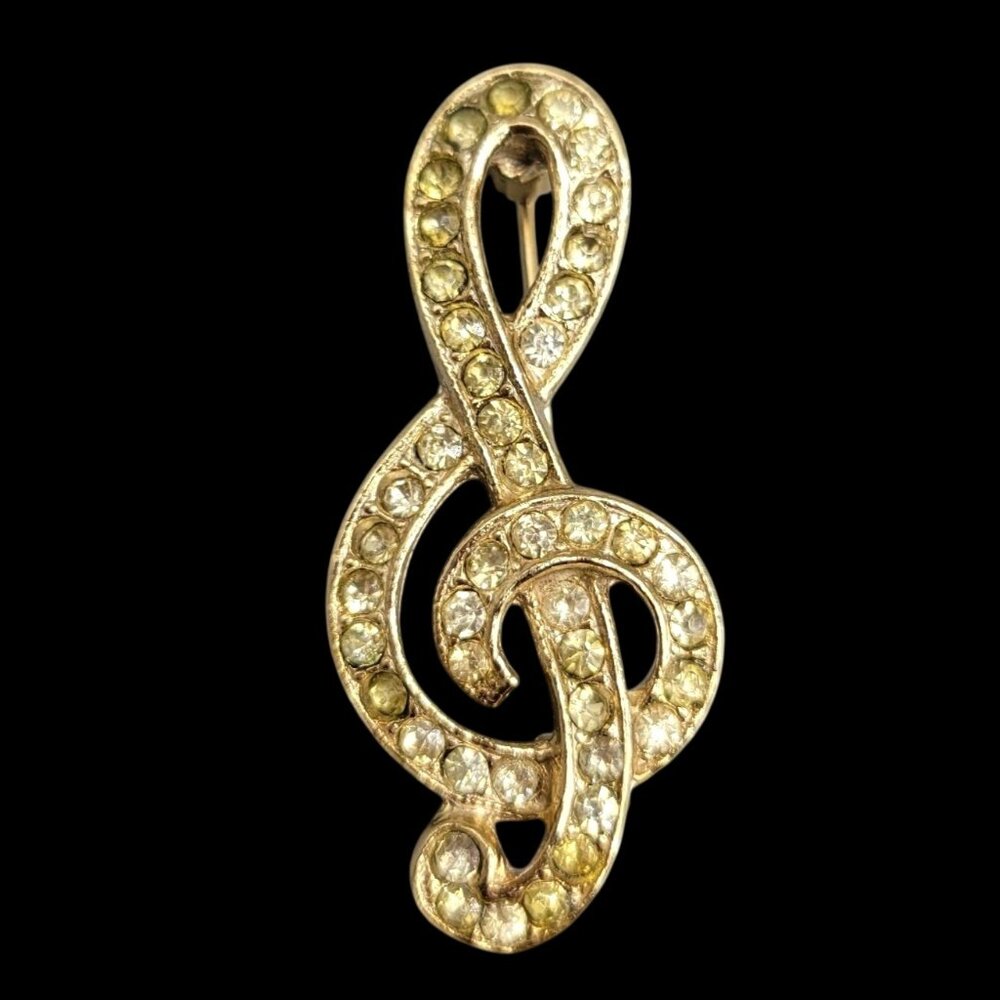 Vintage Treble Clef Brooch Yellow Rhinestones Gold Tone Musical Theme